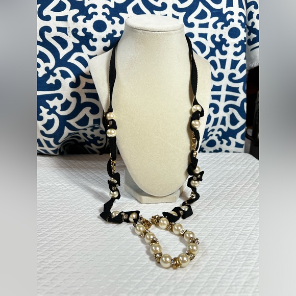 J. Crew Women's Ribbon-tied Long Pearl Crystal/Rhinestone Necklace - Picture 2 of 5